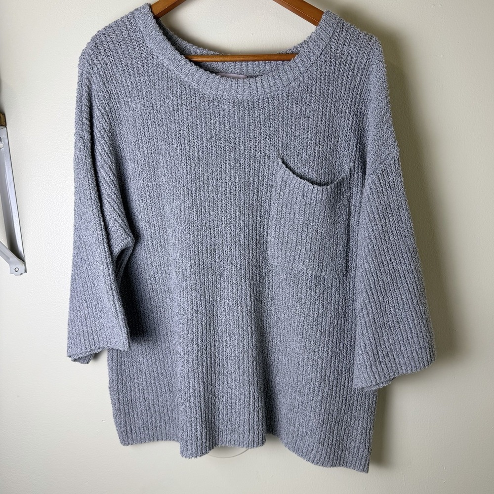 Pink Lily Soft Gray Marled Boxy Knit Sweater Top Med Oversized 3/4 Sleeve Boho